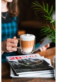 Комплект от 2 стъклени чаши с двойна стена и чинийка, 250 ml Amo - Vialli Design