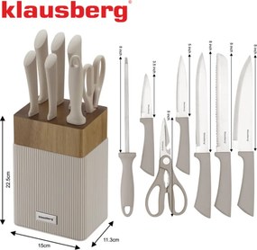 Комплект ножове Klausberg KB 7984, 8 части, Неръждаема стомана, Точило, Стойка от акациево дърво, Бежов/дървесен
