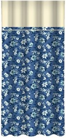 Синя завеса с принт на бели и сини цветя и кремав кант Ширина: 160 см | Дължина: 250 см