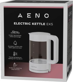 Електрическа кана за вода AENO AEK0005, 2200W, 1.7 л, 40-100°C, 360° основа, STRIX, LED дисплей, Филтър, Бял