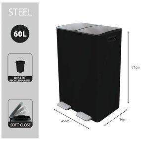 Матово черно стоманено кошче за боклук 2x30 l за рециклиране с педал Aliya – Spirella