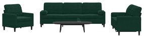 3278453 vidaXL Мека мебел от 3части с възглавници и болстери тъмнозелен кадифе