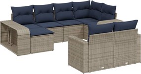 3261291 vidaXL Градински диван с възглавници, 10 части, полиратан, сив