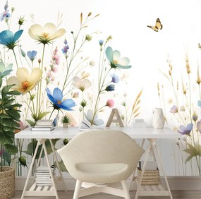 Тапет – Пастелни цветя и летящи пеперуди