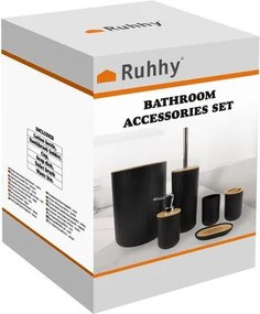 Комплект аксесоари за баня – 6 елемента с бамбукови детайли, Ruhhy 24636, черен цвят