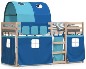 3283989 vidaXL Двуетажно легло със завеси синьо 80x200 см масивно борово дърво