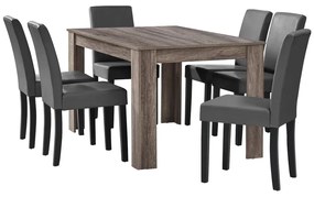 Комплект маса за хранене с 6 тапицирани стола Nora  140 x 90 cm Дъб/Тъмнокафяв/Тъмносив