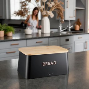Кутия за хляб с капак за рязане Kinghoff KH 1948, 35 см, Бамбук, Стомана, Черен