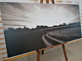 Картина на платно – Залязващо слънце над пейзажа в черно-бял вариант