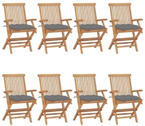 3072905 vidaXL Градински столове със сиви възглавници 8 бр тик масив
