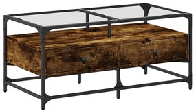 846046 vidaXL Маса за кафе със стъклен плот, опушен дъб,98,5x50x45см, стомана