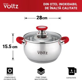 Тенджера Oliver Voltz OV51210N28, 28 см, 10.45 л, Индукция, Силиконови дръжки, Инокс/Червен