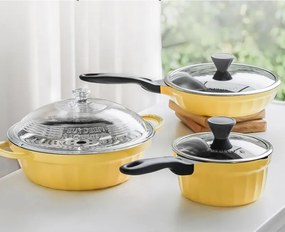 Касерола BUYDEEM CP141, 1.8 л, Стъклен капак, Лят алуминий, Без PFOA, Незалепващо покритие, Жълт