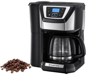 Кафемашина с вградена мелачка Russell Hobbs Victory Grind & Brew 22000-56, 1025W, 1.5 л, 250 гр, 12 чаши, Таймер, Вграден филтър, Черен/инокс