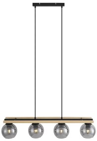 Модерен висящ лампион черен с дърво и димно стъкло 4 светлини - Aleks