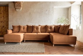 Ъглов разтегателен диван от велур в тухлен цвят (десен ъгъл/U-образна форма) Lazy Lukka - Miuform