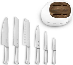 Комплект ножове със стойка SMEG KBSF02WH, 7 части, Слотове от акациево дърво, Немска неръждаема стомана, Бял