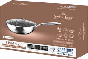 Уок тиган Swiss Haus SH-ZGW28, 28x9 см, 4 л, Sapphire-керамично покритие, Стъклен капак, Фурна до 260C, Индукция, Сребрист
