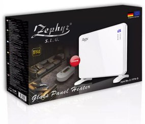 Конвектор със стъклен панел ZEPHYR ZP 1974 G, 2000W, За стена или под, 2 степени, Дистанционно, 5 до 35°C, LCD, Бял
