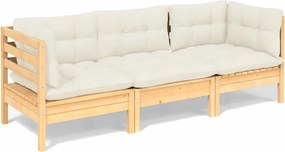 3096100 vidaXL 3-местен градински диван с кремави възглавници, бор масив