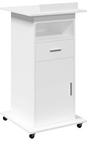 848024 vidaXL Катедра с колелца и чекмедже бял 55x55x107 см инженерно дърво