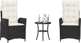 365272 vidaXL Бистро комплект с възглавници 3 части черен полиратан