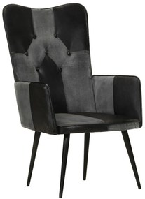 339662 vidaXL Wingback стол, черно и сиво, естествена кожа