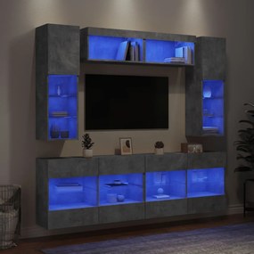 3216800 vidaXL ТВ стенни шкафове, 6 части, с LED светлини, бетонно сиви