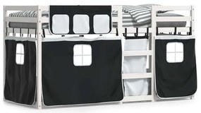 3283940 vidaXL Двуетажно легло със завеси, бяло и черно, 90x190 см, бор масив