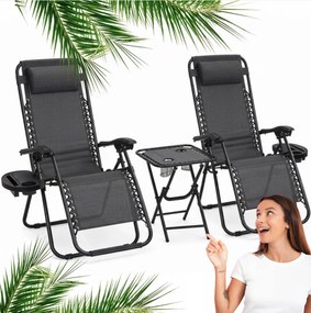 Комплект от 2 накланящи се градински стола с маса - сив