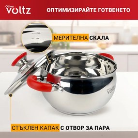 Втора ръка: Тенджера Oliver Voltz OV51210N18, 18см, 2.5 л, Индукция, Силиконови дръжки, Инокс/червен