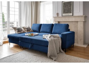 Тъмносин разтегателен ъглов диван от рипсено кадифе (ляв ъгъл) Lofty Lilly – Miuform