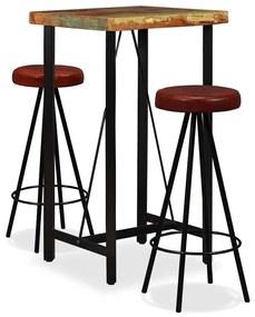 275139 vidaXL Бар комплект, 3 части, регенерирано дърво масив естествена кожа