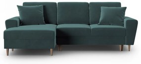 Кадифен разтегателен ъглов диван с място за съхранение в петролен цвят (ляв ъгъл) Kyoto – Cosmopolitan Design