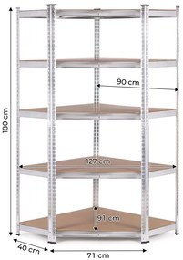 Стабилен ъглов метален стелаж за съхранение с 5 рафта 180x90x40 см