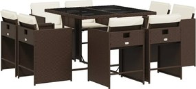 3211197 vidaXL Градински трапезен комплект възглавници 9 части кафяв полиратан