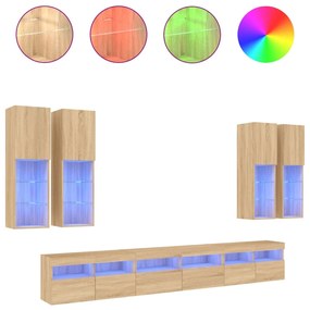 3216780 vidaXL Комплект ТВ стенни шкафове, 7 части, с LED светлини, сонома дъб