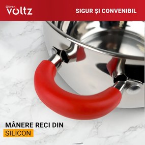Втора ръка: Тенджера Oliver Voltz OV51210N18, 18см, 2.5 л, Индукция, Силиконови дръжки, Инокс/червен