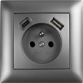 Единичен контакт със заземяване + USB-A USB-C OSTE JNH004-G Grey