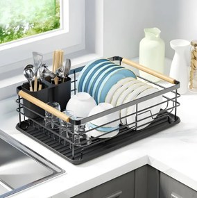 Сушилник, отцедител за съдове и прибори от неръждаема стомана в черен цвят 43x32x15см