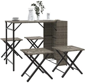 365946 vidaXL Градински трапезен комплект, 5 части, сгъваем, сив, полиратан