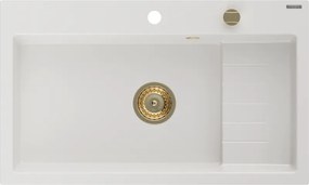Mexen Omar гранитна мивка с 1 отделение 800 x 480 мм, бяла, златен сифон - 6520801005-20-G
