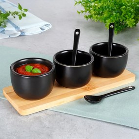Комплект от 3 керамични купи с лъжици върху бамбуков поднос, 21,5x6,5x5,5 см, черни