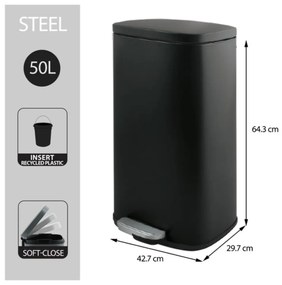 Матово черно стоманено кошче за боклук с педал 50 l Akira – Spirella