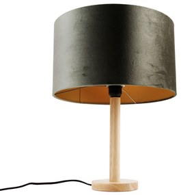 Дървена настолна лампа със зелен кадифен абажур 35 см - Mels