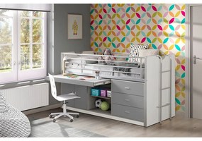 Бяло-сиво повдигнато детско легло с място за съхранение и включена подматрачна рамка 90x200 cm Bonny – Vipack