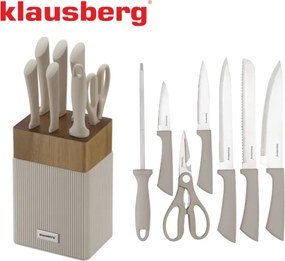 Комплект ножове Klausberg KB 7984, 8 части, Неръждаема стомана, Точило, Стойка от акациево дърво, Бежов/дървесен