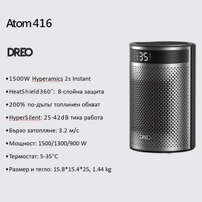 Вентилаторна печка DREO Atom 416, 1500 W, До 20 м2, 5 режима, HeatShield360, Таймер, Сив/Черен