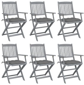 3065423 vidaXL Сгъваеми градински столове, 6 бр, с възглавници, акация масив