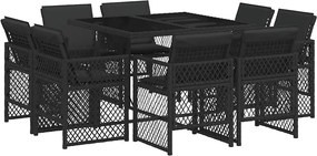 3210835 vidaXL Градински трапезен комплект възглавници 9 части черен полиратан
